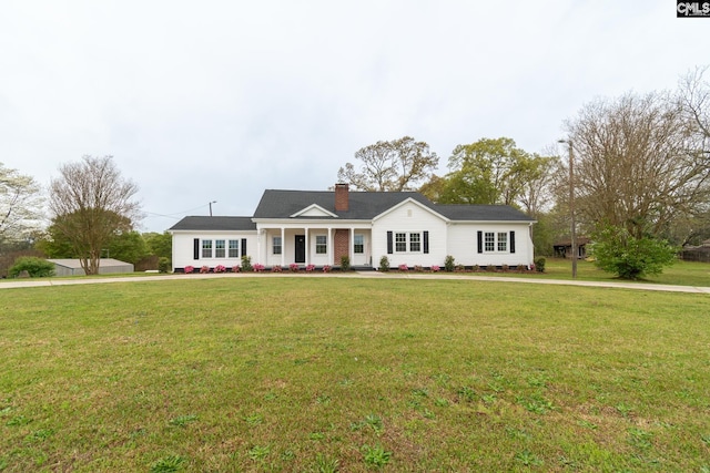 single story home featuring a chimney, crawl space, and a front yard