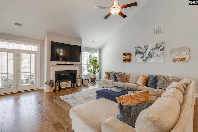232 Compass Trl, Blythewood, SC 29016 - living room with a fireplace, visible vents, hardwood / wood-style floors, and ceiling fan