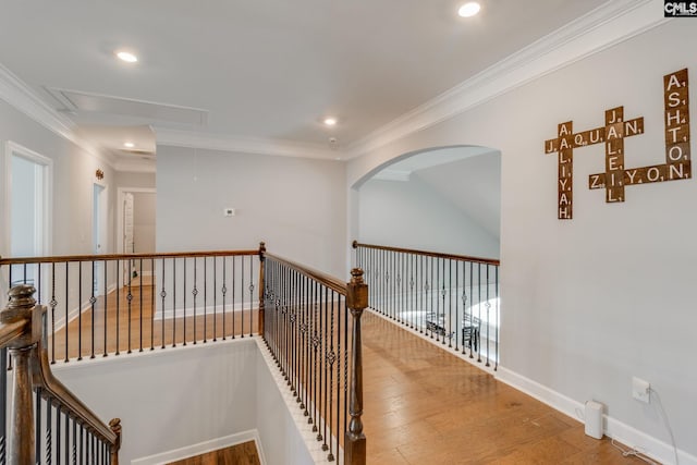 232 Compass Trl, Blythewood, SC 29016 - hall featuring attic access, crown molding, and wood finished floors