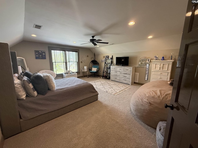 bedroom with visible vents, ceiling fan, recessed lighting, light colored carpet, and lofted ceiling