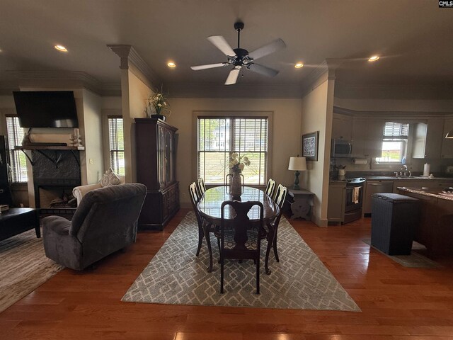 dining space with ceiling fan, plenty of natural light, wood finished floors, and a high end fireplace