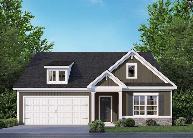 218 Secretariat St, Lexington, SC 29073 - view of front of house with a front yard, stone siding, a garage, and roof with shingles