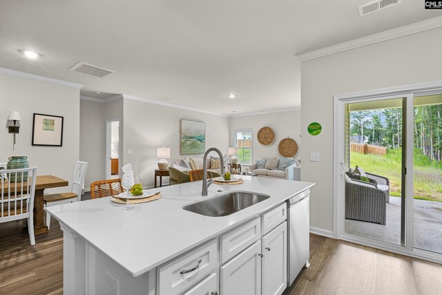 218 Secretariat St, Lexington, SC 29073 - kitchen featuring stainless steel dishwasher, visible vents, a sink, open floor plan, and dark wood-style floors