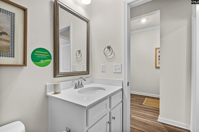 218 Secretariat St, Lexington, SC 29073 - half bathroom featuring vanity, baseboards, ornamental molding, toilet, and wood finished floors