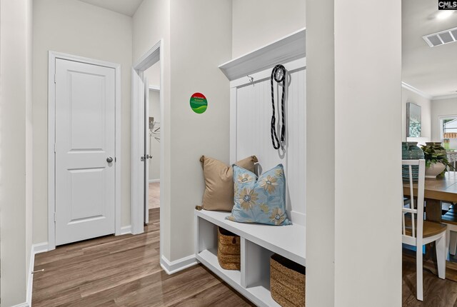 218 Secretariat St, Lexington, SC 29073 - mudroom with visible vents, baseboards, ornamental molding, and wood finished floors