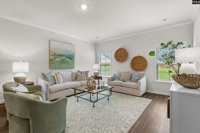 218 Secretariat St, Lexington, SC 29073 - living area featuring visible vents, baseboards, ornamental molding, and wood finished floors
