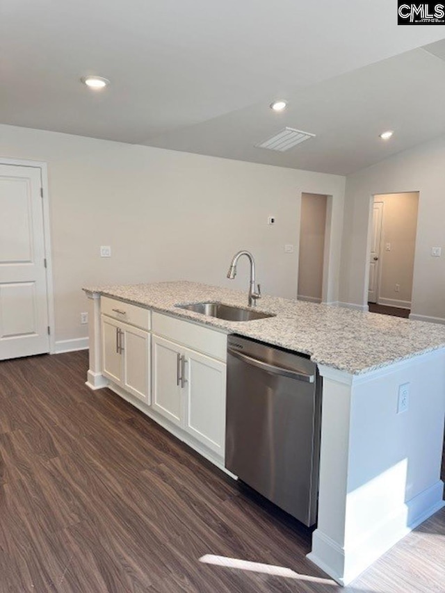 501 Rosemont Dr, Orangeburg, SC 29115 - kitchen with dishwasher, a sink, a kitchen island with sink, white cabinets, and light stone countertops