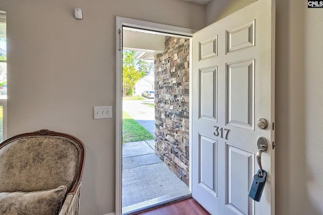 foyer entrance featuring dark wood-style flooring
