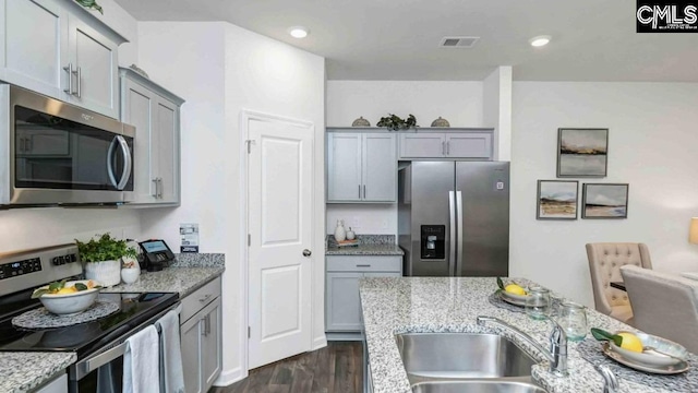 118A Willow Creek Blvd, Lugoff, SC 29078 - kitchen with gray cabinetry, light stone countertops, a sink, and appliances with stainless steel finishes