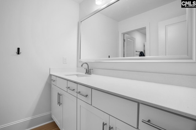 bathroom with wood finished floors, vanity, and baseboards