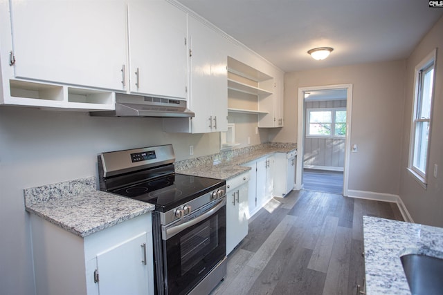 kitchen with white cabinetry, stainless steel electric range oven, open shelves, under cabinet range hood, and dark wood finished floors