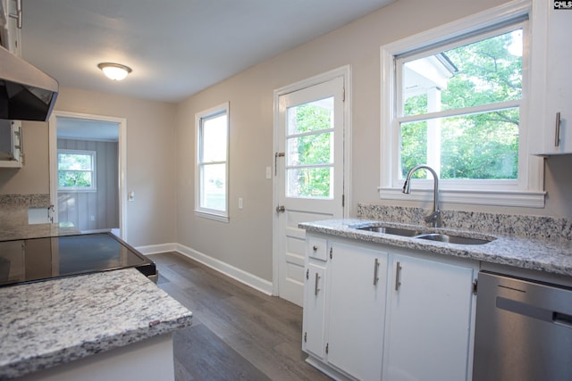 kitchen featuring baseboards, a sink, dark wood finished floors, stainless steel dishwasher, and extractor fan