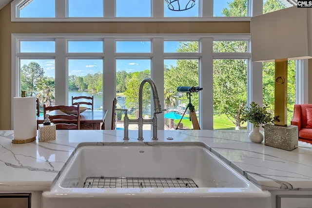 209 Mariannas Ct, Lexington, SC 29072 - room details featuring a sink, a water view, and light stone counters