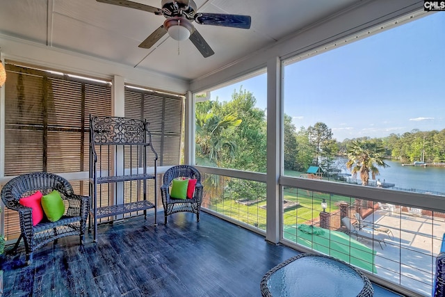 209 Mariannas Ct, Lexington, SC 29072 - sunroom with ceiling fan and a water view