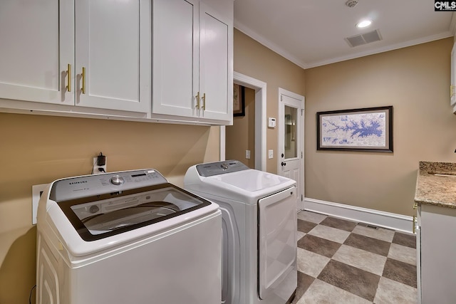 209 Mariannas Ct, Lexington, SC 29072 - laundry room with crown molding, independent washer and dryer, visible vents, baseboards, and cabinet space