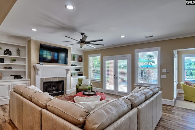209 Mariannas Ct, Lexington, SC 29072 - living room with baseboards, ornamental molding, a ceiling fan, recessed lighting, and light wood-style flooring