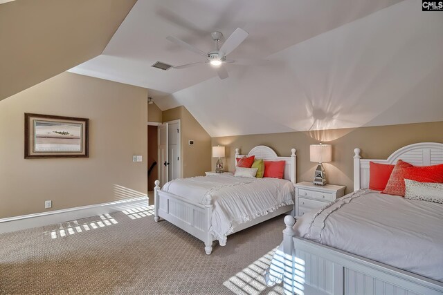 209 Mariannas Ct, Lexington, SC 29072 - bedroom featuring baseboards, vaulted ceiling, visible vents, ceiling fan, and carpet