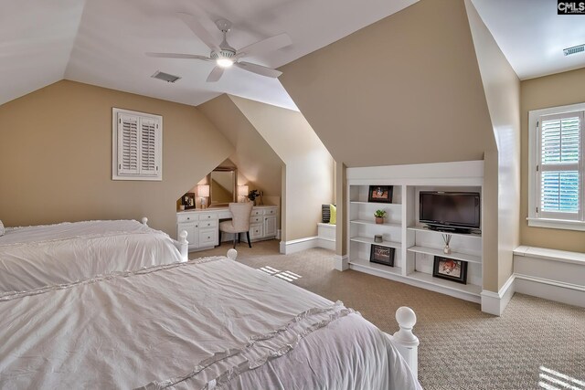 209 Mariannas Ct, Lexington, SC 29072 - carpeted bedroom with a ceiling fan, baseboards, lofted ceiling, and visible vents