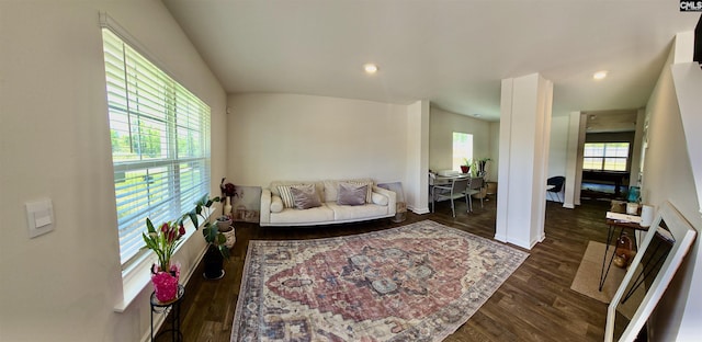 living area featuring recessed lighting, baseboards, and wood finished floors