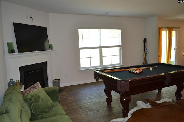 playroom with pool table, a fireplace, baseboards, and wood finished floors