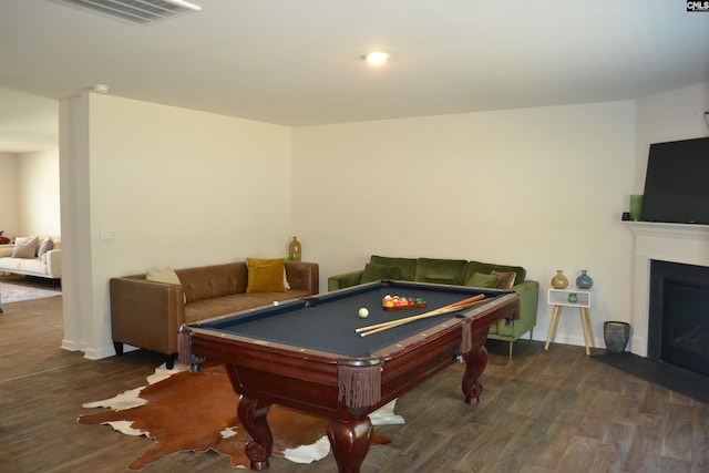 recreation room featuring visible vents, pool table, wood finished floors, and a fireplace