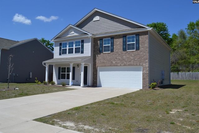 view of front of home with brick siding, an attached garage, driveway, and a front lawn
