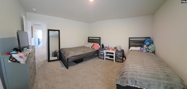 bedroom with light carpet