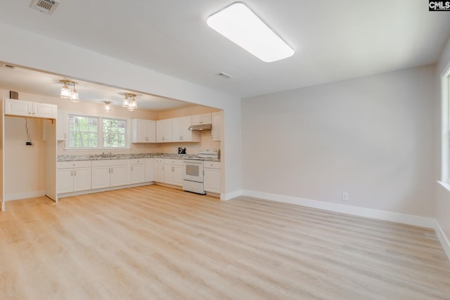 kitchen featuring visible vents, baseboards, a sink, light wood-type flooring, and white electric stove