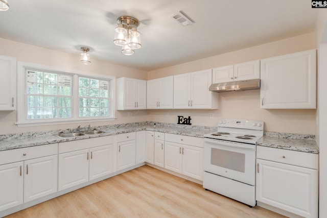 kitchen featuring visible vents, a sink, electric stove, under cabinet range hood, and white cabinetry
