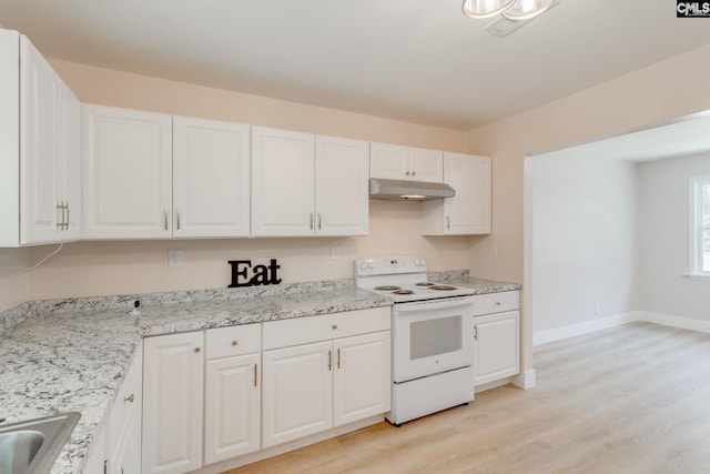 kitchen with white electric range, white cabinets, under cabinet range hood, a sink, and light wood finished floors