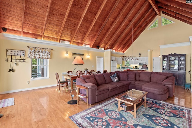 1724 Gold Nugget Pt, Prosperity, SC 29127 - living room with wood-type flooring, high vaulted ceiling, plenty of natural light, and beam ceiling