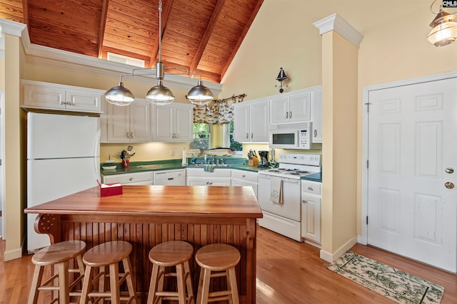 1724 Gold Nugget Pt, Prosperity, SC 29127 - kitchen featuring white cabinets, wooden ceiling, white appliances, and wood counters