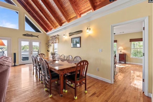 1724 Gold Nugget Pt, Prosperity, SC 29127 - dining space with baseboards, wooden ceiling, lofted ceiling with beams, light wood-style floors, and crown molding