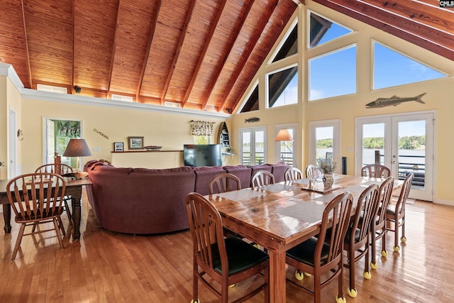 1724 Gold Nugget Pt, Prosperity, SC 29127 - dining room featuring high vaulted ceiling, light wood finished floors, wood ceiling, and beamed ceiling