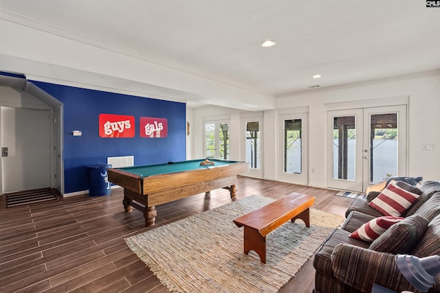 1724 Gold Nugget Pt, Prosperity, SC 29127 - recreation room with pool table, baseboards, recessed lighting, french doors, and wood finished floors