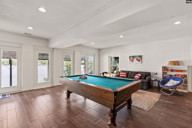 1724 Gold Nugget Pt, Prosperity, SC 29127 - rec room featuring wood finished floors, billiards, visible vents, and recessed lighting