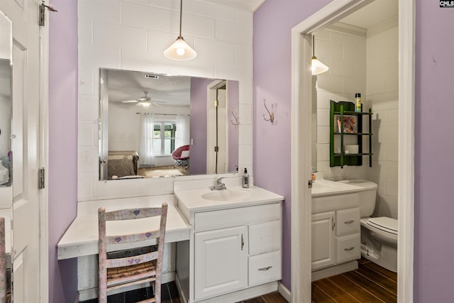 1724 Gold Nugget Pt, Prosperity, SC 29127 - bathroom featuring vanity, ensuite bathroom, toilet, ceiling fan, and wood finished floors