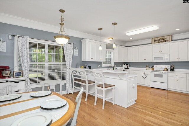 304 Oakhurst Pl, Blythewood, SC 29016 - kitchen with crown molding, white cabinetry, white appliances, and a peninsula