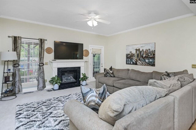 304 Oakhurst Pl, Blythewood, SC 29016 - carpeted living room featuring crown molding, ceiling fan, and a high end fireplace