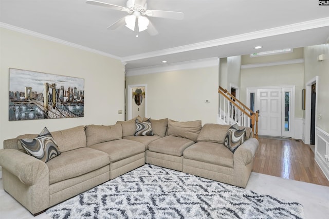304 Oakhurst Pl, Blythewood, SC 29016 - living area with ornamental molding, recessed lighting, stairway, hardwood / wood-style floors, and ceiling fan