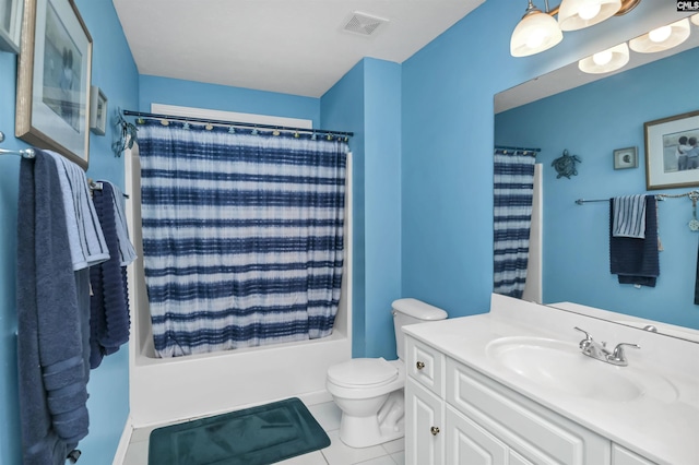 304 Oakhurst Pl, Blythewood, SC 29016 - bathroom with vanity, tile patterned flooring, toilet, visible vents, and shower / bath combo with shower curtain