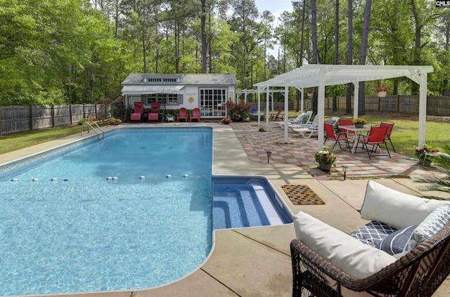 304 Oakhurst Pl, Blythewood, SC 29016 - view of pool featuring a patio, an outdoor structure, a pergola, an exterior structure, and a fenced backyard
