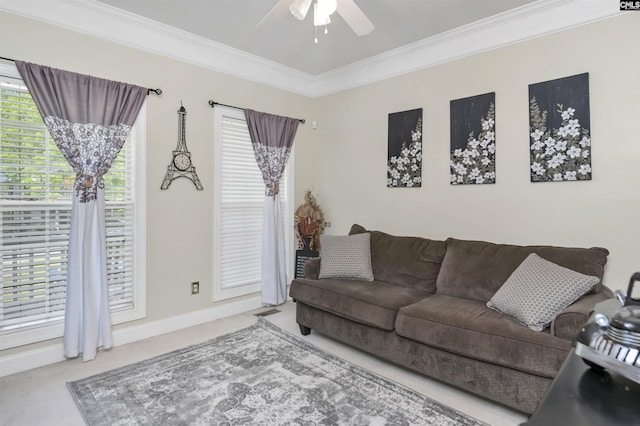 304 Oakhurst Pl, Blythewood, SC 29016 - living area featuring baseboards, ornamental molding, carpet floors, visible vents, and ceiling fan
