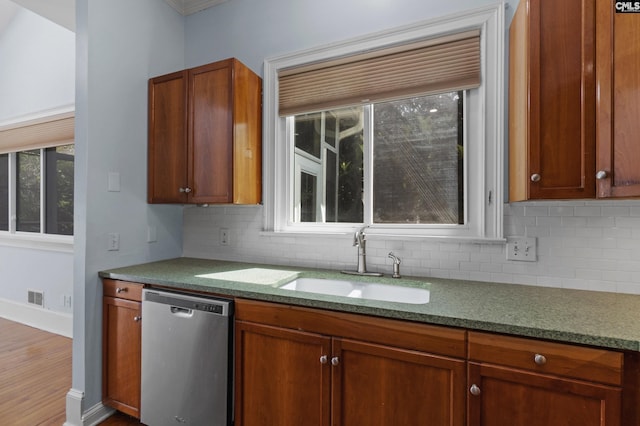 kitchen with dishwasher, a sink, backsplash, and baseboards