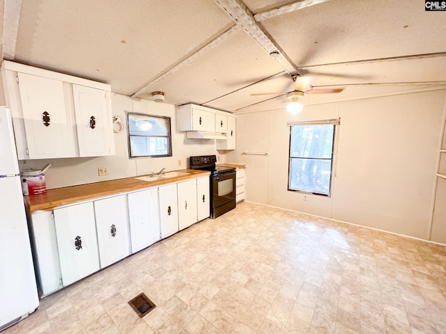 kitchen featuring freestanding refrigerator, a ceiling fan, under cabinet range hood, black electric range, and a sink