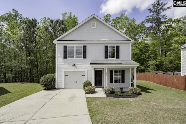 view of front of home featuring an attached garage, covered porch, a front yard, and fence