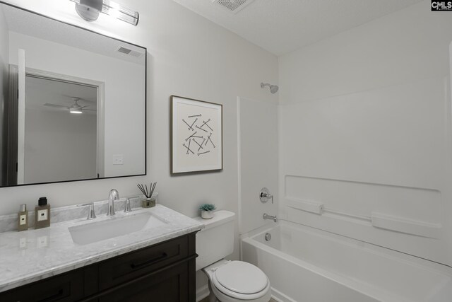 bathroom featuring shower / washtub combination, vanity, a ceiling fan, visible vents, and toilet