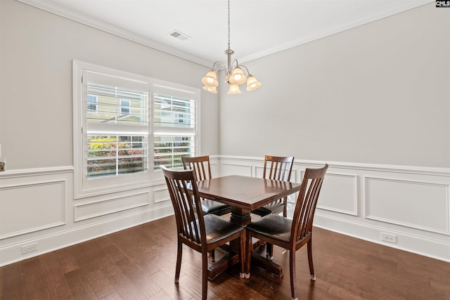 126 Sunset Bay Ln, Lexington, SC 29072 - dining room featuring crown molding, visible vents, a chandelier, and dark wood-type flooring