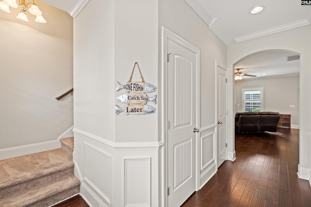 126 Sunset Bay Ln, Lexington, SC 29072 - hall featuring an inviting chandelier, arched walkways, visible vents, stairs, and dark wood-style floors