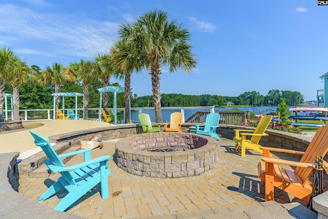 126 Sunset Bay Ln, Lexington, SC 29072 - exterior space featuring a water view, an outdoor fire pit, and a pergola